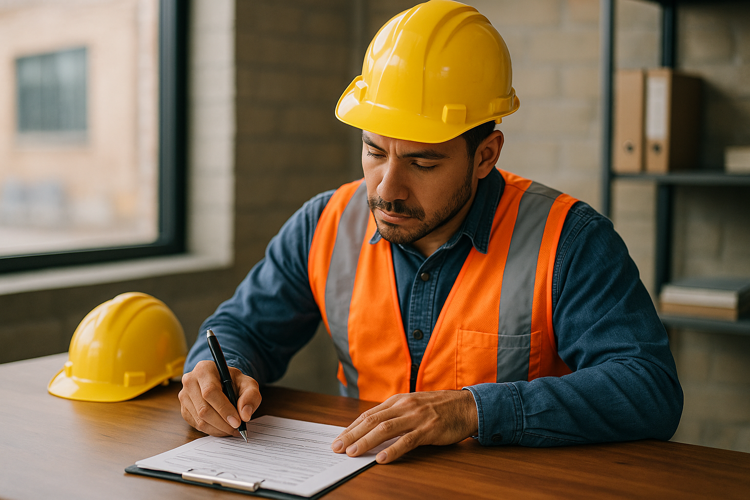 Give me an image of someone of a construction worker filling out paperwork at a desk-3